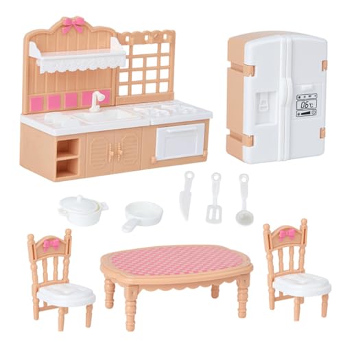 KARLOR Puppenhaus Möbel Set, 10 Pcs Miniatur Küchenzubehör Set Kühlschrank Esstisch Stühle Ofen Pot Geschirr, Puppenhaus Esszimmer Deko 1:12 Zubehör Dollhouse Kitchen Puppenmöbel （Küche） von KARLOR