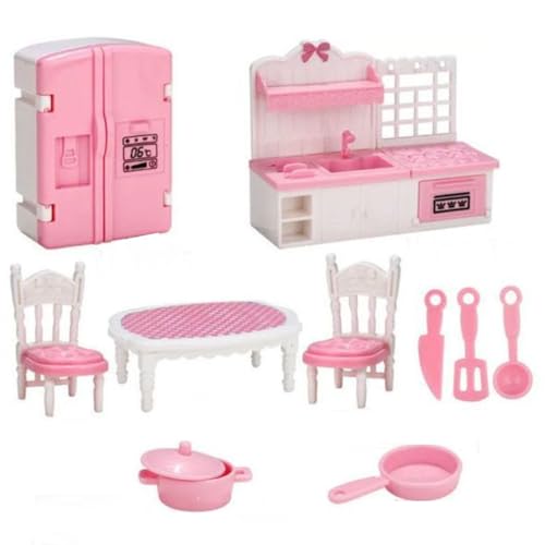 KARLOR Puppenhaus Möbel Set, 10 Stück Miniatur Möbel Set Ofen Kühlschrank Esstisch Stühle Pot Geschirr, Puppenhaus Zubehör Deko 1:12 Puppenhaus Esszimmer Küche Möbel Rosa Dollhouse Puppenmöbel （Küche） von KARLOR