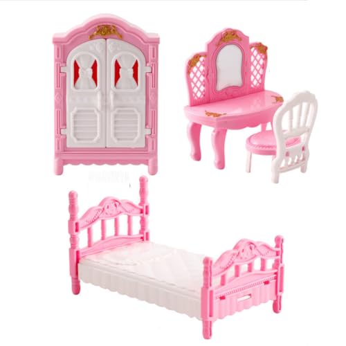 KARLOR Puppenhaus Möbel Set, 4 Stück Miniatur Möbel Set, Rosa Bett Schminktisch Schrank Stuhl,Puppenhaus Zubehör 1:12 Puppenhaus Mini Möbel Schlafzimmer Mädchen Puppenmöbel Deko（Schlafzimmer） von KARLOR