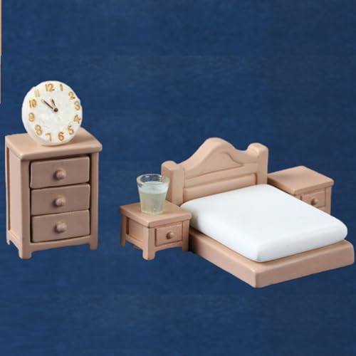 KARLOR Puppenhaus Möbel Set, 6 Stück Miniatur Möbel Set Bett Schrank Nachttisch Uhr Glasbecher, Puppenhaus Zubehör Deko 1:12 Puppenhaus Schlafzimmer Dollhouse Deko Puppenmöbel Set（Schlafzimmer） von KARLOR