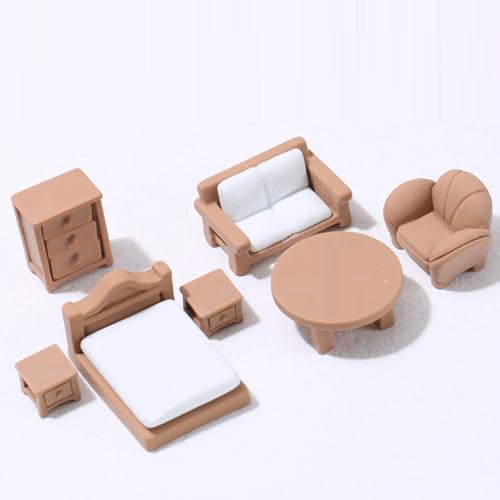 KARLOR Puppenhaus Möbel Set, 7 Stück Puppenmöbel Sofa Bett Nachttisch Schrank Sessel Tisch, Puppenhaus Zubehör Deko 1:12 Puppenhaus Wohnzimmer Schlafzimmer Balkon Miniatur Möbel Dollhouse von KARLOR