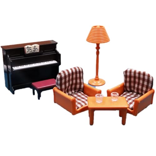 KARLOR Puppenhaus Möbel Set, 7 Stück Puppenmöbel Sofa Sessel Tisch Stehlampe Klavier Getränke, Puppenhaus Zubehör Deko 1:12 Puppenhaus Wohnzimmer Schlafzimmer Balkon Miniatur Möbel Dollhouse von KARLOR