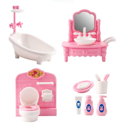 KARLOR Puppenhaus Möbel Set Badezimmer, 11 Stück Miniatur Möbel Set, Badewanne Toilette Waschbecken Toilettenartikel,Rosa Puppenhaus Zubehör 1:12 Puppenhaus Deko Dollhouse Puppenmöbel （Badezimmer） von KARLOR