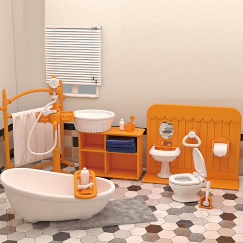 KARLOR Puppenhaus Möbel Set Badezimmer, 18 Stück Miniatur Möbel Set Badewanne Toilette Waschbecken Schrank Kleiderbügel, Puppenhaus Zubehör Deko 1:12 Puppenhaus Deko Dollhouse Puppenmöbel （Badezimmer） von KARLOR