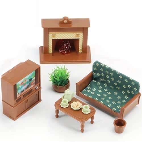 KARLOR Puppenhaus Möbel Set Wohnzimmer, 16 Stück Miniatur Möbel Set Sofa Tisch Fernsehen Kamin Blumentopf Kaffee Desserts, Puppenhaus Zubehör Deko 1:12 Puppenhaus Dollhouse Deko Puppenmöbel（16 pcs） von KARLOR