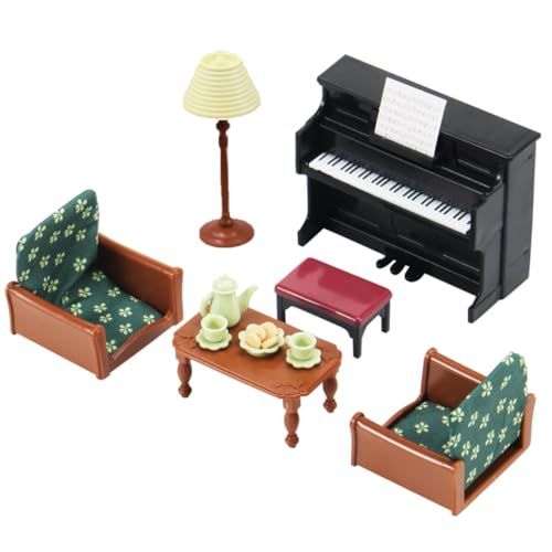 KARLOR Puppenhaus Möbel Set Wohnzimmer, 17 Stück Miniatur Möbel Set Sofa Tisch Klavier Stehlampe Kaffee Tasse Desserts, Puppenhaus Zubehör Deko 1:12 Puppenhaus Dollhouse Deko Puppenmöbel（17 pcs） von KARLOR