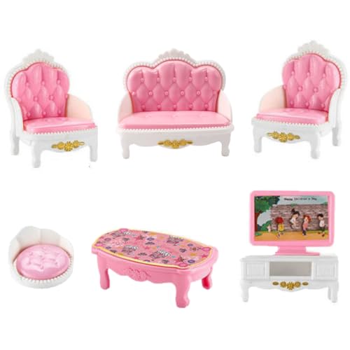 KARLOR Puppenhaus Möbel Set Wohnzimmer, 7 Stück Miniatur Möbel Set, Sofa Sessel Tisch Fernsehen Kissen Couchtisch, Puppenhaus Zubehör Deko 1:12 Puppenhaus Dollhouse Deko Puppenmöbel Rosa（Wohnzimmer） von KARLOR