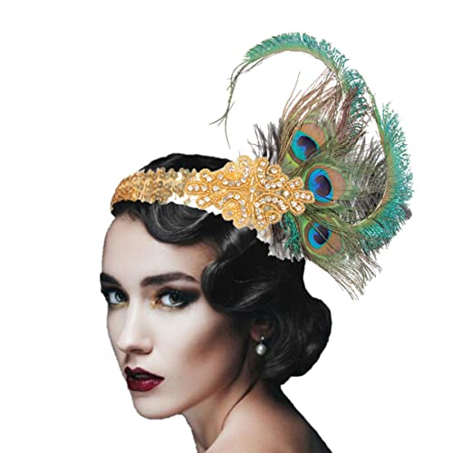 KARLOR Stirnband Feder Damen 20er Jahre Stil Flapper Charleston Kopfband Haarband Pfau Feder Goldene Pailletten Kopfschmuck Damen Fasching Cosplay Party Halloween Kostüm (Pfau Feder mit Goldband) von KARLOR