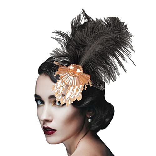 KARLOR Damen 20er Jahre Stil Flapper Charleston Kopfband Haarband schwarz Feder Kopfschmuck Damen Fasching Cosplay Party Halloween Kostüm Accessoires (Schwarz Feder mit Goldanhänger) von KARLOR