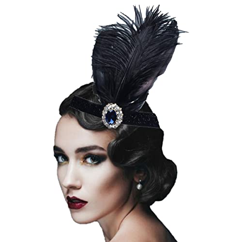 KARLOR Stirnband Feder Damen 20er Jahre Stil Flapper Charleston Kopfband Haarband schwarz Feder blau Edelstein Kopfschmuck Damen Fasching Cosplay Party Halloween Accessoires (Schwarz Feder mit Saphir) von KARLOR