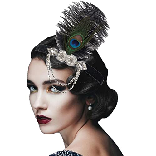 KARLOR Stirnband Feder Damen 20er Jahre Stil Flapper Charleston Kopfband schwarz Haarband Kopfschmuck Damen Fasching Cosplay Fest Party Halloween Kostüm Accessoires(Retro Set) von KARLOR