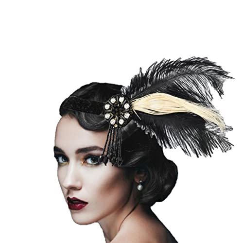 KARLOR Stirnband Feder Damen 20er Jahre Stil Flapper Charleston Kopfband schwarz Haarband mit Feder Perlenanhänger Kopfschmuck Damen Fasching Cosplay Party Halloween Kostüm(schwarz-weiß Feder) von KARLOR