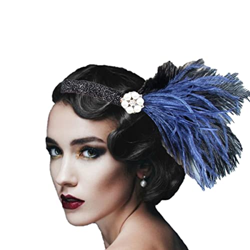 KARLOR Stirnband Feder Damen 20er Jahre Stil Flapper Charleston Kopfband schwarz Haarband mit blau-weiß Feder Perlenblume,Kopfschmuck Damen Fasching Cosplay Party Halloween Kostüm(blau-schwarz Feder) von KARLOR