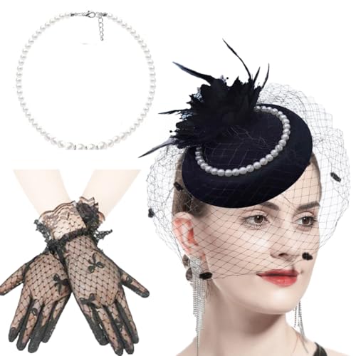 KARLOR Vintage Hut Schleier 3 Pcs Set Hut Handschuhen Perlenkette, Damen Haarschmuck Vintage 1950er Kopfbedeckung Damen Hut Kopfschmuck Gesichtsschleier Federn Perlen Mesh Hüte Party Halloween Cosplay von KARLOR