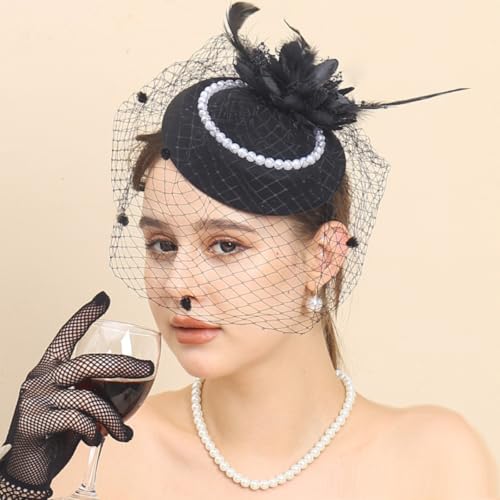 KARLOR Vintage Hut Schleier Damen Haarschmuck Vintage Kopfbedeckung Damen Hut 1950er Kopfschmuck Federn Mesh Blumen Perlen Hüte Feder Gesichtsschleier Schwarz Party Fascinator Halloween Cosplay von KARLOR