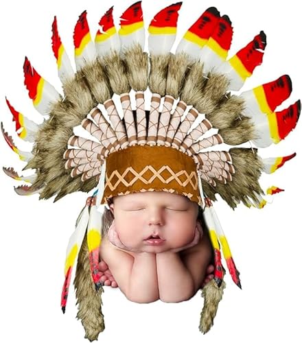 KARMABCN K18- Indian Baby Hat/Neugeborene von 0 bis 9 Monate, Indian Cap, Feder Kopfschmuck (Yellow&RED SWAN) von KARMABCN