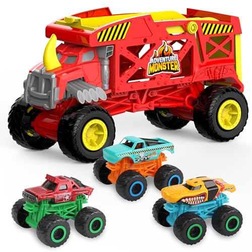 KARMOUNT 4 in 1 Monster Truck transportwagen Spielzeug, Rot Monster Mover Nashorn Autos Hauler Set für Kinder, Transporter Truck mit Startrampe, Einschließlich 3 Diecast Monster Trucks, für Kinder 3+ von KARMOUNT