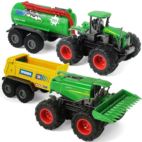 KARMOUNT Farm Traktor Fahrzeuge Traktor Anhänger, Reibungsbetriebene Trägheit Trecker mit Anhänger, Metall & Kunststoff Körper Mähdrescher, Farming Spielzeug Spielset für Jungen Kinder von KARMOUNT