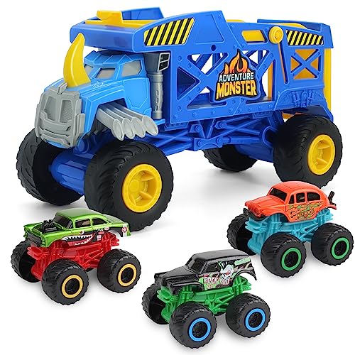 KARMOUNT Monster Trucks Monster Mover Nashorn Transporter, Monstertransporter mit 3 Mini-Monstertrucks aus Diecast, Transportwagen Spielzeug mit Startrampe, für Kinder ab 3 Jahren von KARMOUNT