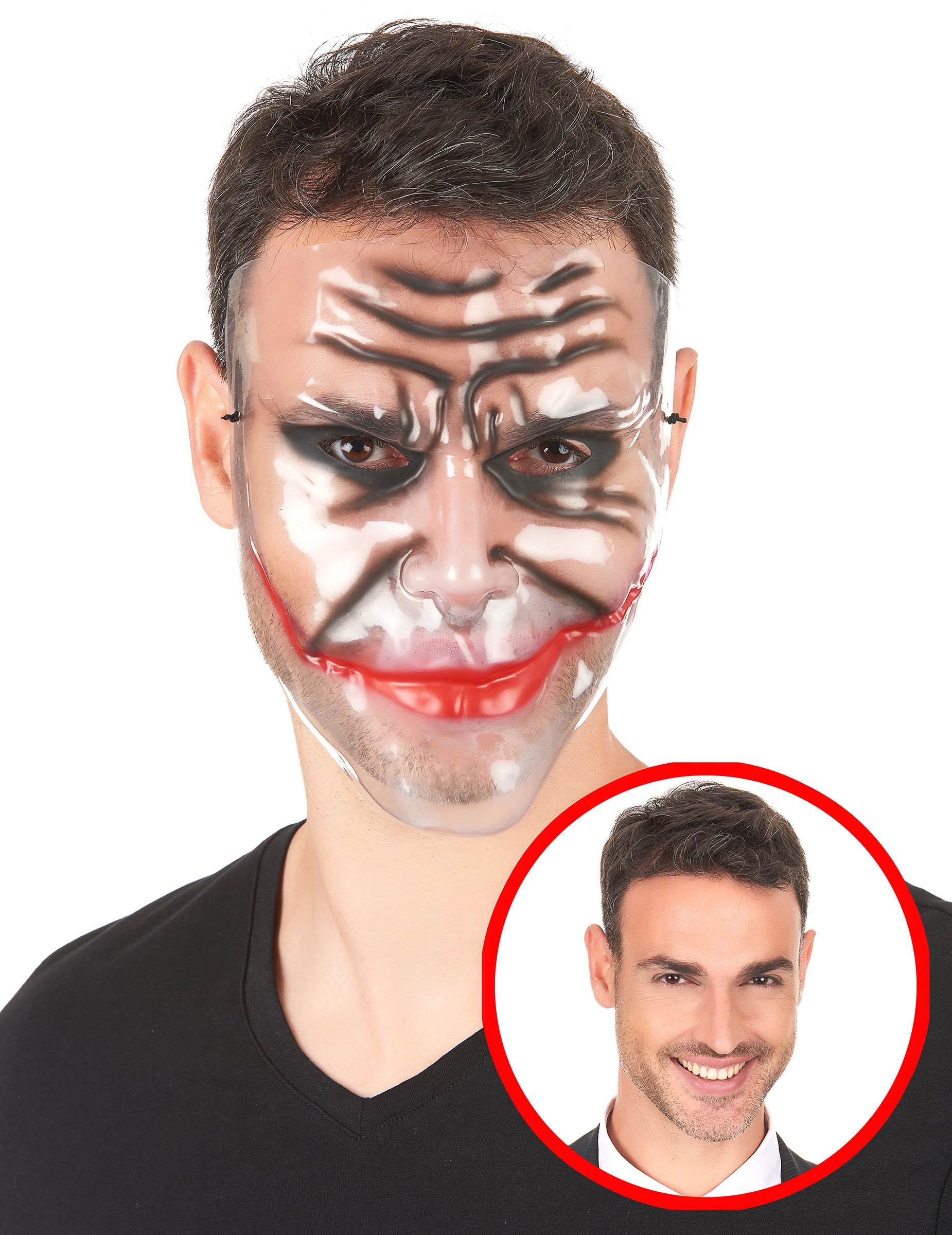 Horrormaske Killerclown mit aufgeschnittenen Backen durchsichtig-schwarz-rot von KARNEVAL-MEGASTORE