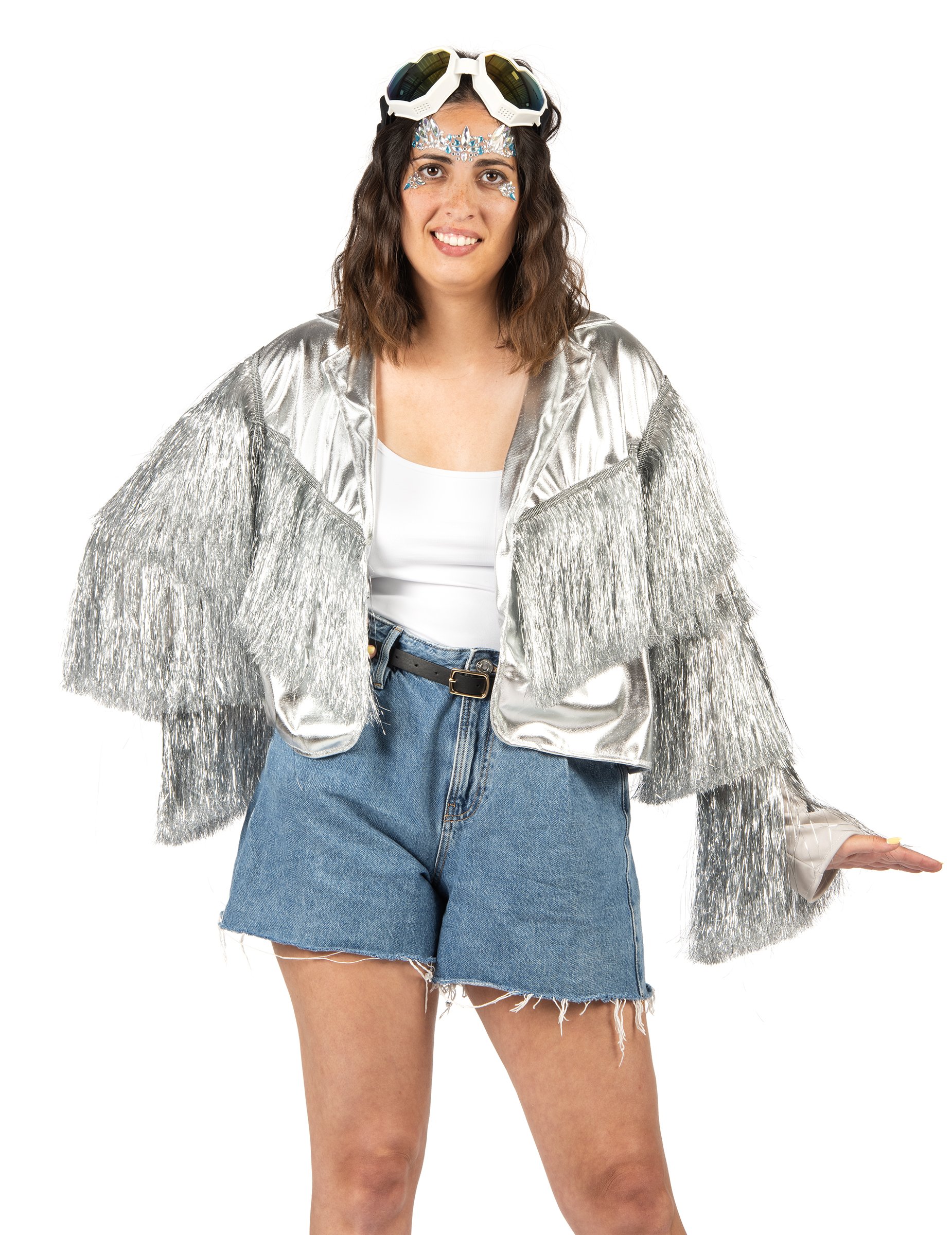 Silberne Damenjacke mit Fransen Western Disco Silberne Damenjacke mit Fransen Western Disco von KARNEVAL-MEGASTORE
