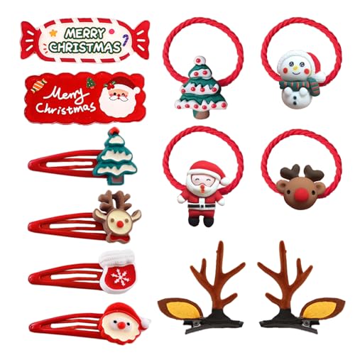 KASESSS 12 Stück Weihnachten Haarschmuck Set, Weihnachts Haarspangen Kinder Mädchen Weihnachtlicher Haarschmuck, Elastische Haargummi Weihnachten Damen, Rentier Geweih Haarnadeln Haarclips für Party von KASESSS