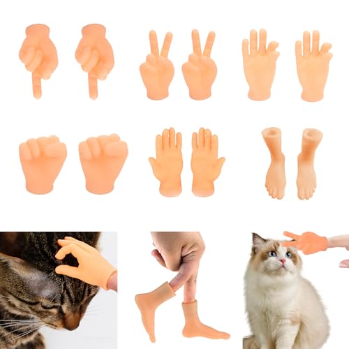 KASESSS 12 Stücke Mini Hände für Katzen, Lustige Kleine Hände für Finger, Niedlich Tiny Hands, Minihände mit Verschiedene Gesten, Unfug Mini Mittelfinger, Fingerhände für Mensch-Haustier-Interaktion von KASESSS