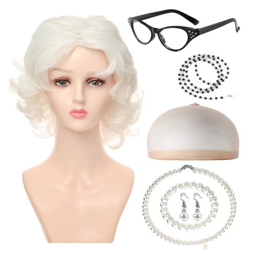 KASFDBMO 100 Day Of School Kostüm Graue Perücken Perücken Brille Perlen Halskette Krücken Ohrring von KASFDBMO