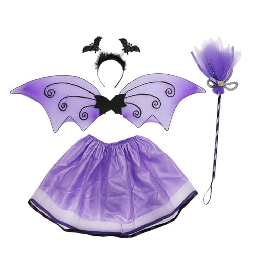 KASFDBMO 4-teiliges Mädchen Kostüm Halloween Cosplay Verkleidung Fledermausflügel Zauberstäbe Stirnbänder von KASFDBMO