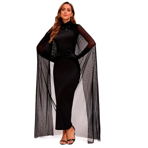 KASFDBMO Elegantes Schwarzes Panzerkleid Mit Kapuzen Mesh Umhang Und Handschuhen Für Halloween Vampir Hexe Kostümzubehör Für Frauen von KASFDBMO