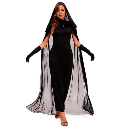 KASFDBMO Elegantes Schwarzes Panzerkleid Mit Kapuzen Mesh Umhang Und Handschuhen Für Halloween Vampir Hexe Kostümzubehör Für Frauen von KASFDBMO