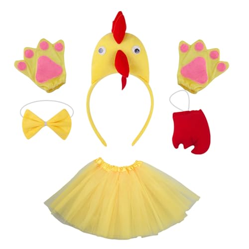 KASFDBMO Hühnerkostüm Cosplays Set Hair Hoop Bowtie Schwanzhandschuhe Rooster Stirnbänder Hühnerkopfbeobachte Partyzubehör von KASFDBMO