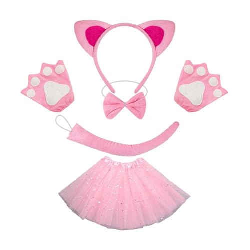 KASFDBMO Katzenkostümset Enthält Katzen Schwanzstirnband Bowtie Handschuh Rock Halloween Catgirl Dress Up Outfit Für Kid Women Cosplay von KASFDBMO