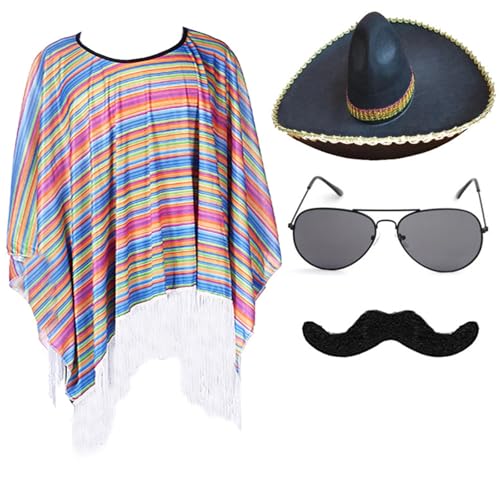 KASFDBMO Mexikaner-Poncho mit Sombrero-Hut-Set für Kinder und Erwachsene, buntes Party-Kostüm-Zubehör mit Maracas-Schnurrbart von KASFDBMO