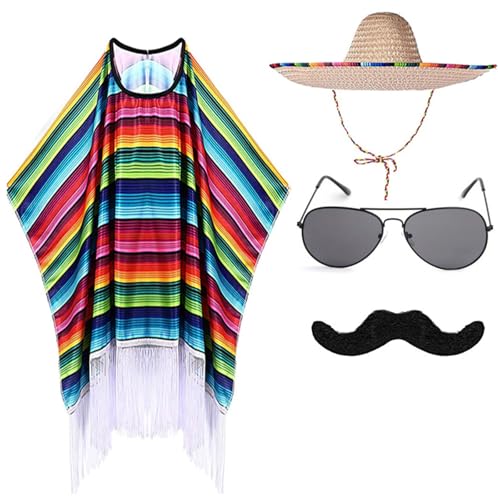 KASFDBMO Mexikaner-Poncho mit Sombrero-Hut-Set für Kinder und Erwachsene, buntes Party-Kostüm-Zubehör mit Maracas-Schnurrbart von KASFDBMO