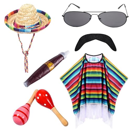 KASFDBMO Mexikaner-Poncho mit Sombrero-Hut-Set für Kinder und Erwachsene, buntes Party-Kostüm-Zubehör mit Maracas-Schnurrbart von KASFDBMO