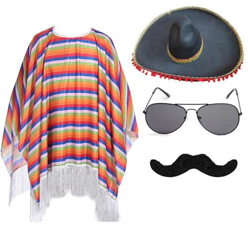 KASFDBMO Mexikaner-Poncho mit Sombrero-Hut-Set für Kinder und Erwachsene, buntes Party-Kostüm-Zubehör mit Maracas-Schnurrbart von KASFDBMO