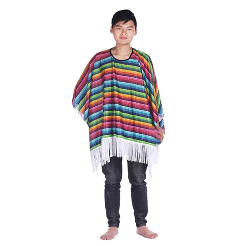 KASFDBMO Mexikaner-Poncho mit Sombrero-Hut-Set für Kinder und Erwachsene, buntes Party-Kostüm-Zubehör mit Maracas-Schnurrbart von KASFDBMO