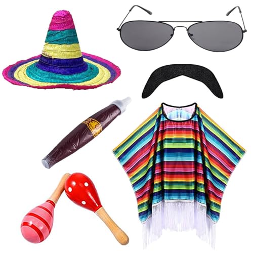 KASFDBMO Mexikaner-Poncho mit Sombrero-Hut-Set für Kinder und Erwachsene, buntes Party-Kostüm-Zubehör mit Maracas-Schnurrbart von KASFDBMO