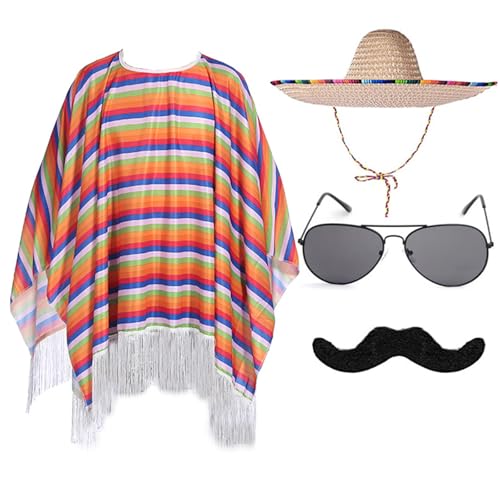 KASFDBMO Mexikaner-Poncho mit Sombrero-Hut-Set für Kinder und Erwachsene, buntes Party-Kostüm-Zubehör mit Maracas-Schnurrbart von KASFDBMO