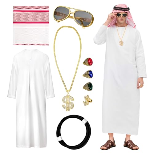 Scheich Kostüm Herren - Karneval Kostüm Scheich Araber, Arabisches Weißes Gewand mit Kopftuch, Sonnenbrille, Halskette und Ring, für Cosplay Party (XL) von KASSAE