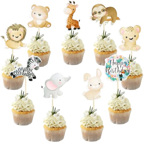 Cupcake Topper Tiere, 27pcs Jungle Animal Cupcake Toppers, Cake Decoration Jungle Animals, Tiere Muffin Dekorationen, Tortendeko Tiere, Cupcake Topper Waldtiere, Muffin Deko Waldtiere von KATELUO