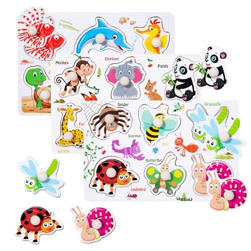 Hölzernes Cartoon Puzzle, 3 Stück Peg Puzzle Board, Holzpuzzle Steckpuzzle Greifpuzzle, Montessori Spielzeug Ab 1 Jahr Spielzeug Puzzle Geschenk Lernspielzeug für Mädchen and Junge von KATELUO