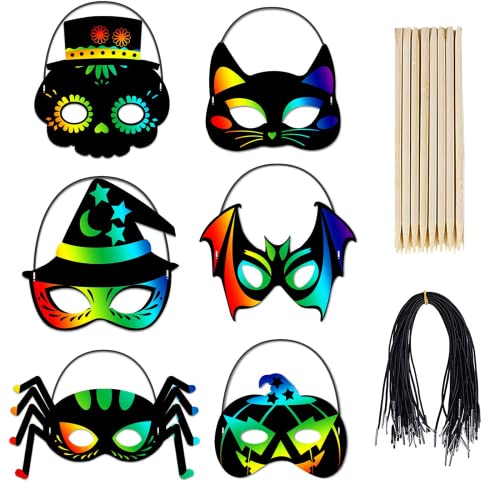 KATELUO 24 PCS Kratzbilder Masken, Halloween Masken Kinder, Masken Bastelset DIY mit Elastischen Kordeln und Holzgriffel, für Kinder Geburtstag Ostern Weihnachten Halloween Geschenk Party Zubehör von KATELUO