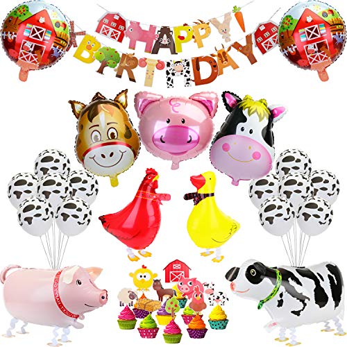 KATELUO Bauernhof Geburtstag Deko, Geburtstagsdeko Jungen, Kindergeburtstag Party Deko Set, Happy Birthday Banner, Geburtstag Girlande Ballon, Tierfolienballon für Kinder Kindergarten von KATELUO