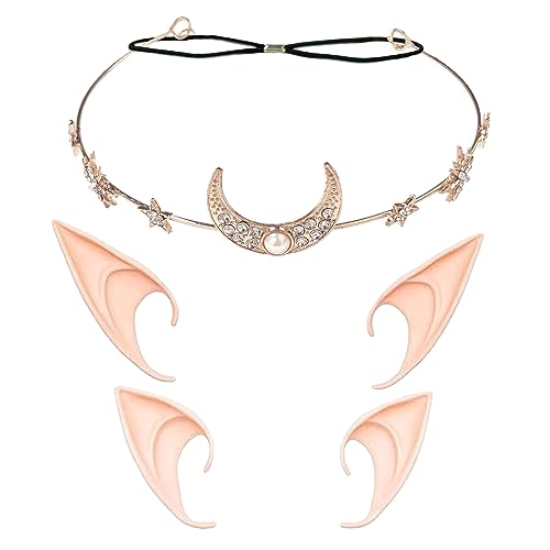 KATELUO Boho Kopfkette Mond,2 Paar Elfenohren,Haarband Mond,Elfen Haarschmuck,Kopfschmuck Elfe,Geeignet für Frauen Und Mädchen Maskerade Halloween Hochzeiten von KATELUO