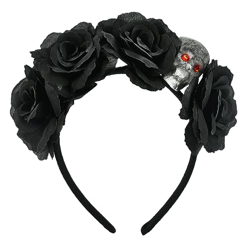 KATELUO Haarreif Dia de los Muertos, Halloween Haarreif, Dia de Muertos Haarreif, Damen Halloween Haarschmuck, Haarreif Rosen und Totenkopf, Day of The Dead Haarreif, Haarreifen für Halloween Cosplay von KATELUO