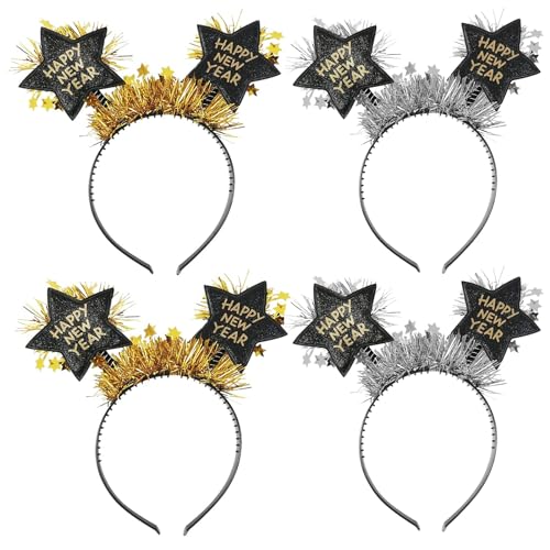 KATELUO Silvester Haarreif, 4 PCS Happy New Year Haarreif, Haarreif Silvester, Silvester Haarschmuck, Silvester Kopfschmuck, Silvester Party Haarreif für die Neujahrsdekoration (A) von KATELUO