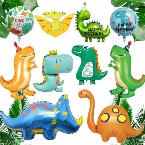 KATIMI 10 Stück Dino Luftballons Geburtstag aus Aluminiumfolie, 3D Cartoon Dino Geburtstag Deko, Happy Birthday Dino Luftballon Kindergeburtstag Deko, Helium Ballons Dinosaurier für Jungen Mädchen von KATIMI