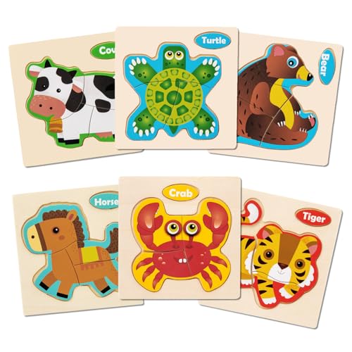 KATLKIU Holzpuzzle für Kinder 10X10CM – Montessori pädagogische Spiele – Holzspiele Kinder 1 2 3 Jahre – große Stücke leicht zu greifen, sichere Geschenke für Kinder (Tierpuzzle 6 Stück) von KATLKIU